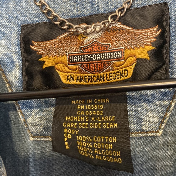 Vintage Harley-Davidson XL Women’s Jean Jacket Leather Back Panel Biker Moto - Picture 6 of 9
